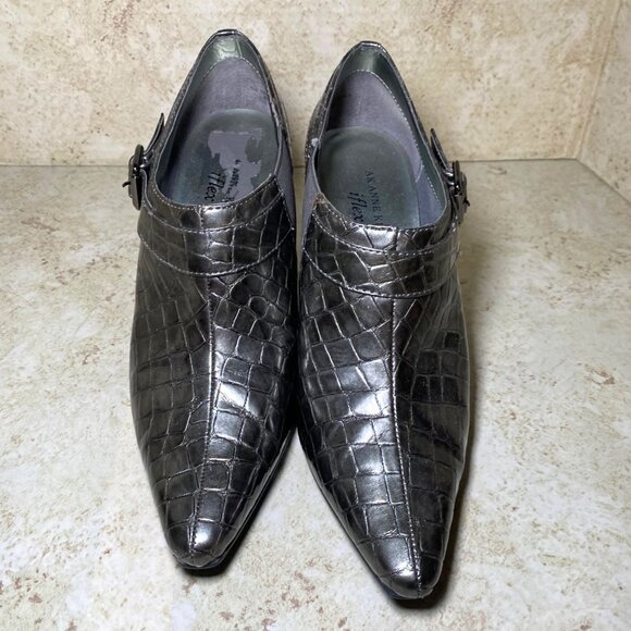 Anne Klein Womens Metallic Croc-Embossed Faux Leather Heeled Booties - Picture 6 of 11